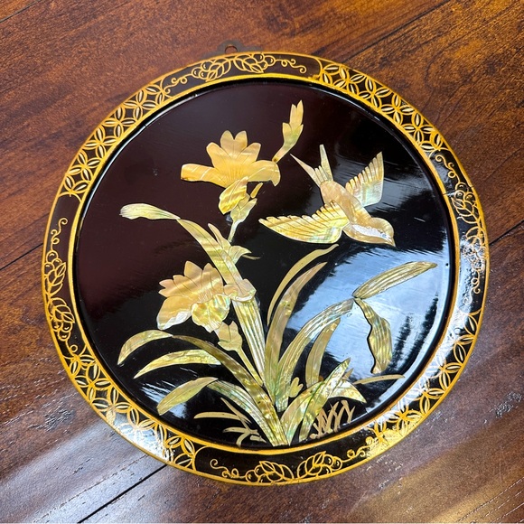 1950s Chinoiserie Black Lacquer Mother of Pearl Wall Art 10” Birds and Flowers - Picture 1 of 6